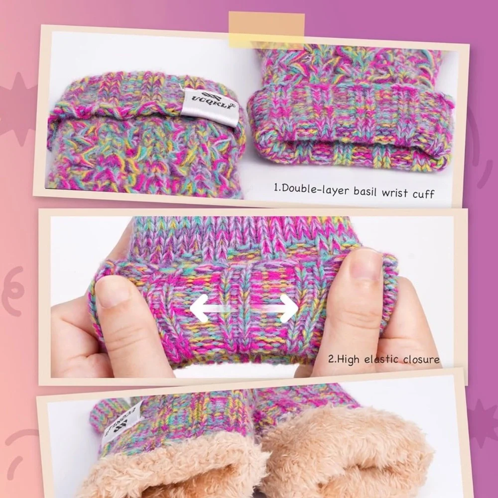 Winter Knit Gloves with Faux Fur Cuff - Purple and Tan